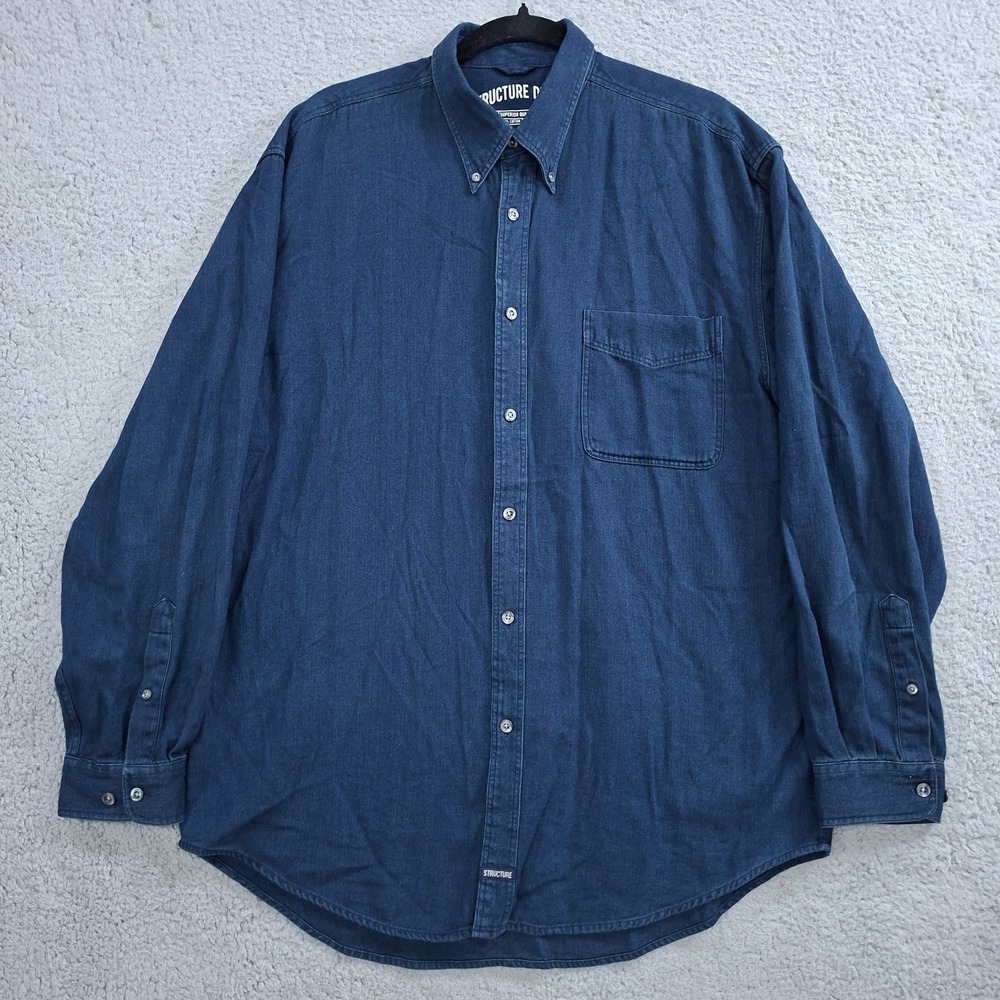 Vintage Structure Mens Medium Herringbone Dark Blue Denim Button-Up Shirt Thick